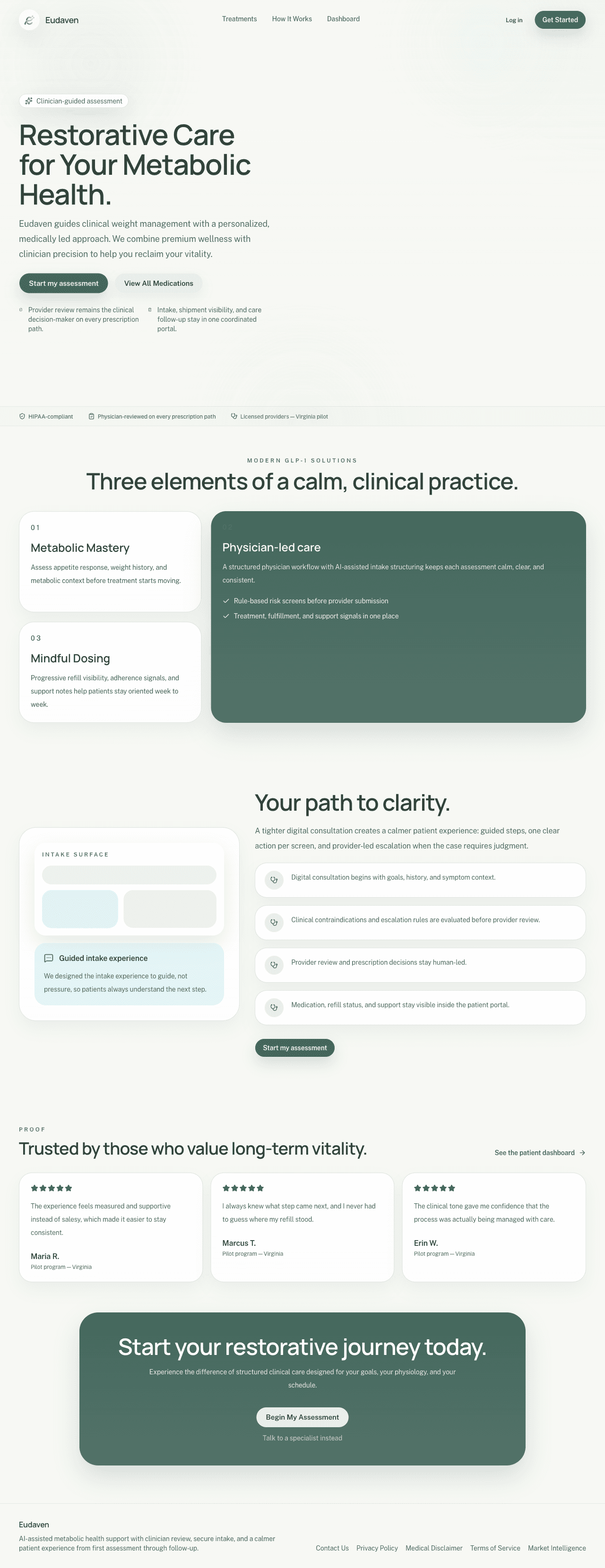 Preview of the Eudaven patient portal \u2014 a calm, sage-toned interface.